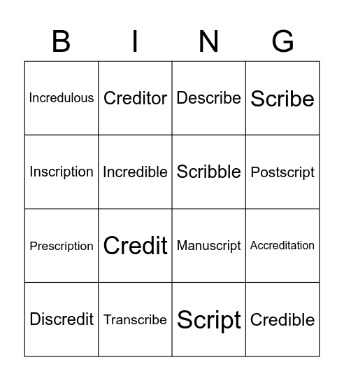 Vocabulary Bingo Card