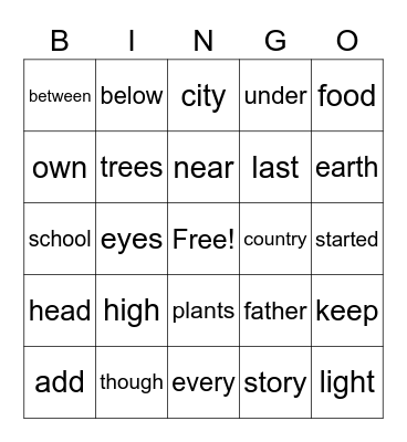 High Frequency Words Bingo Card