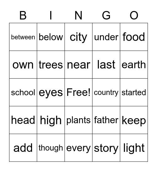 High Frequency Words Bingo Card