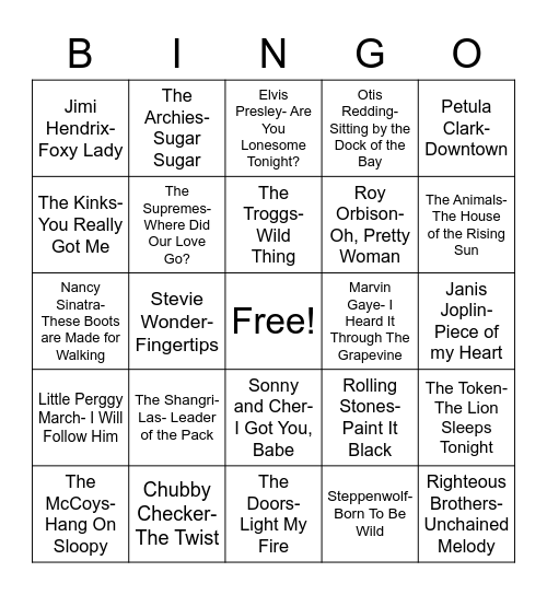 Total-Quiz.com Presents Radio Bingo: 1960's Music Bingo Card