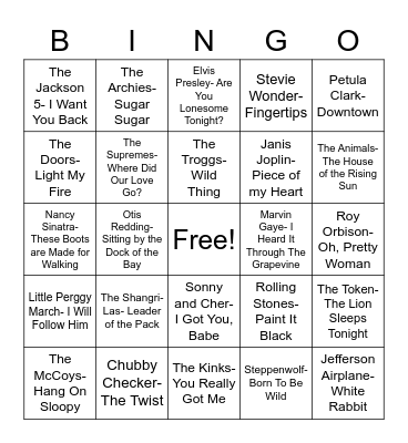 Total-Quiz.com Presents Radio Bingo: 1960's Music Bingo Card
