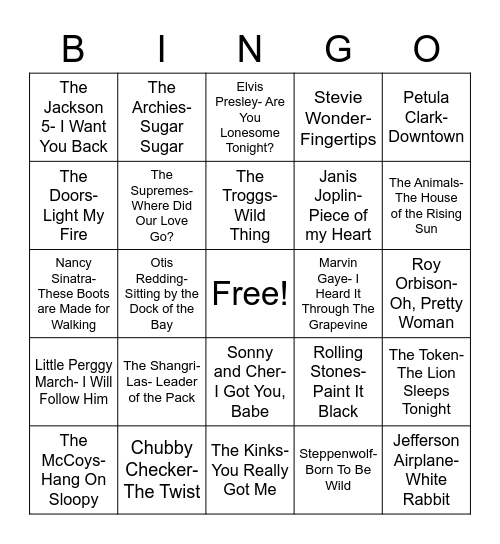 Total-Quiz.com Presents Radio Bingo: 1960's Music Bingo Card