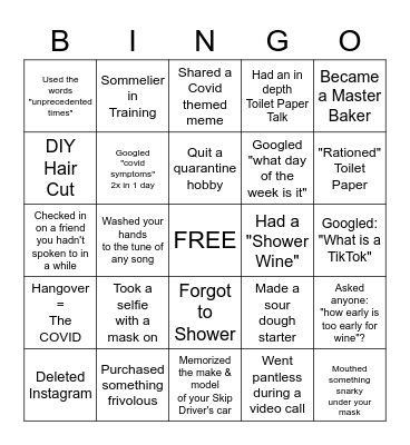 Social Distancing/Quarantine BINGO Card