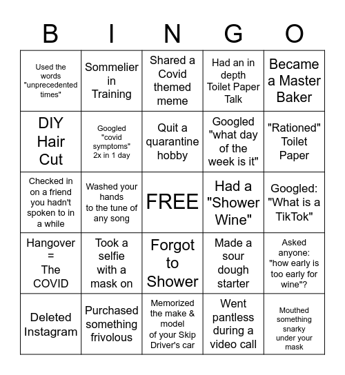 Social Distancing/Quarantine BINGO Card