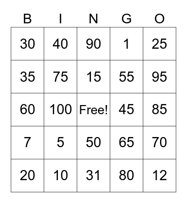 YWCA Billingsville Numbers BINGO Card