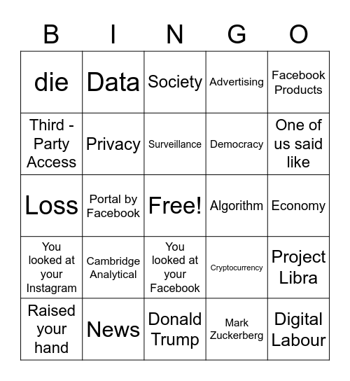 Facebook Presentation Bingo Card