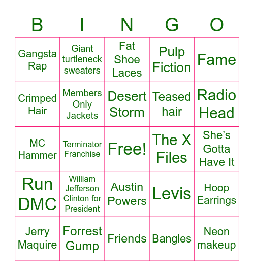 PJJ - 80s & 90s Pop Culture Bingo Card