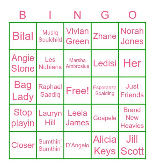 NEO SOUL  ARTIST / SONGS Bingo Card