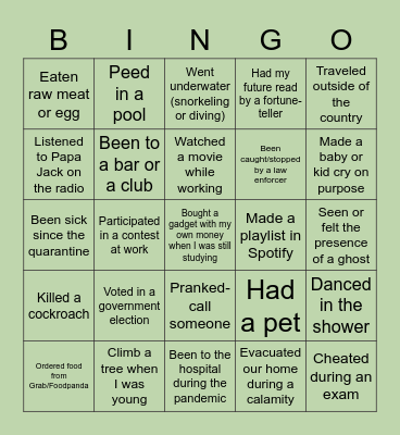 Never have I Ever Bingo Card