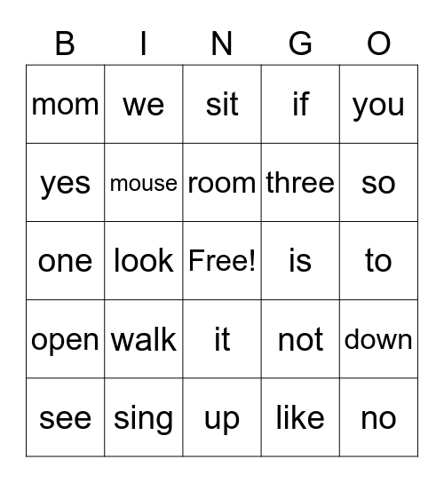Sight Word Bingo Card