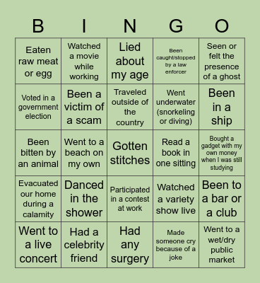 Never have I Ever Bingo Card