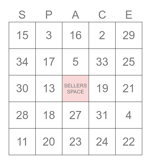 SELLERS SPACE 1ST BINGO Card