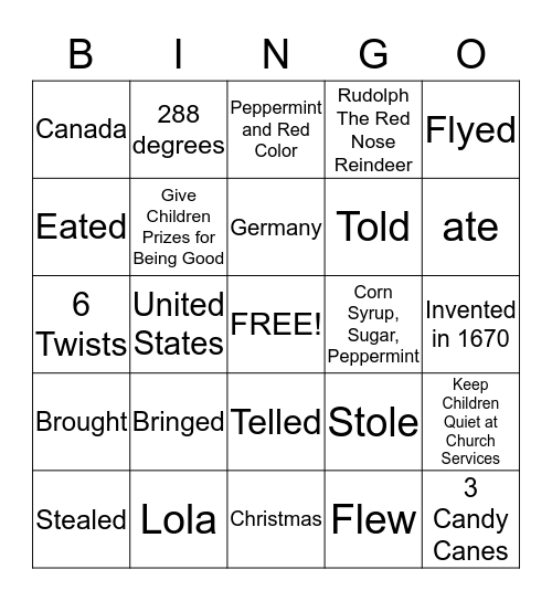 Ms. Carolina's Candy Cane Bingo  Bingo Card