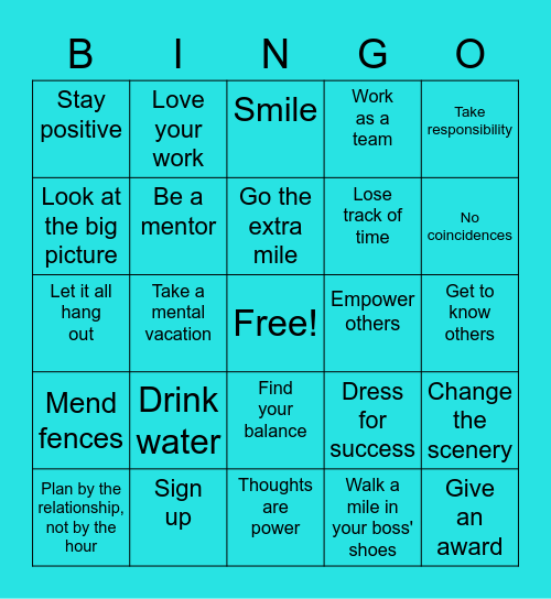 101 ways to have a great day @ work Bingo Card