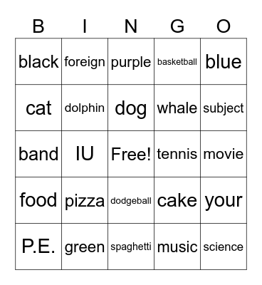 Favorite things Bingo Card