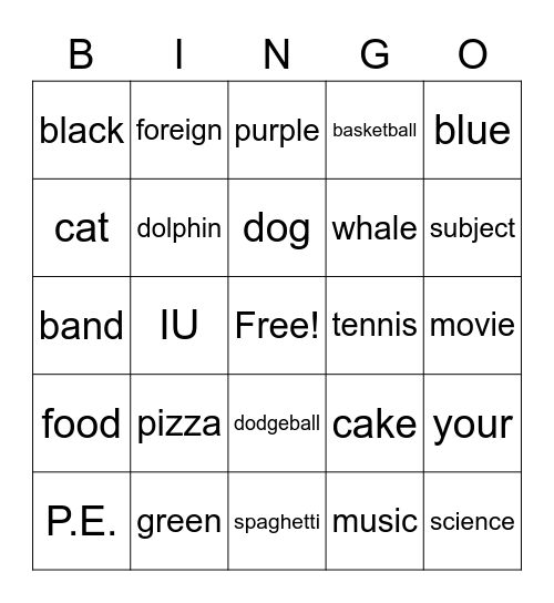 Favorite things Bingo Card