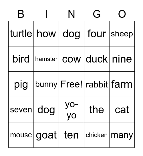 Aniamls Bingo Card