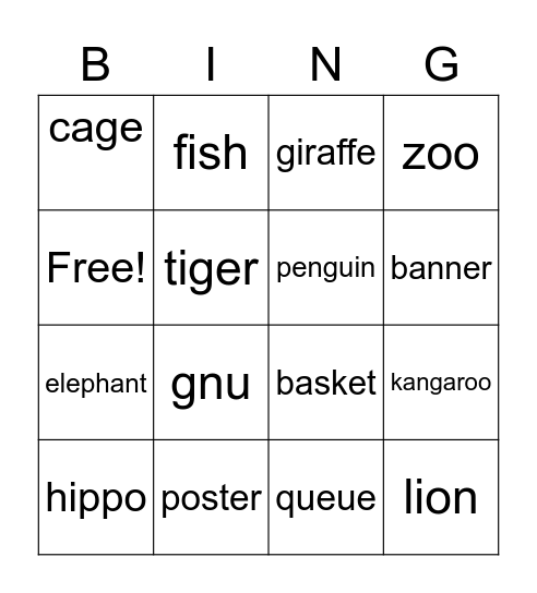 Zoo bingo Card