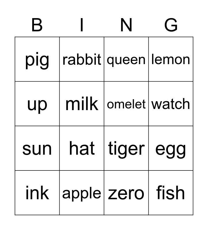 A to Z Words Bingo Card