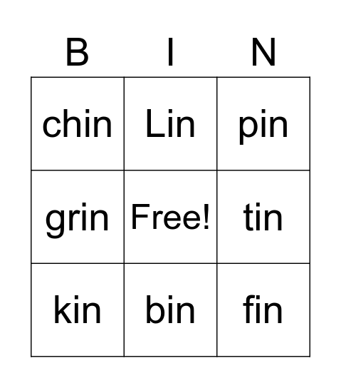 in Word Family Bingo Card