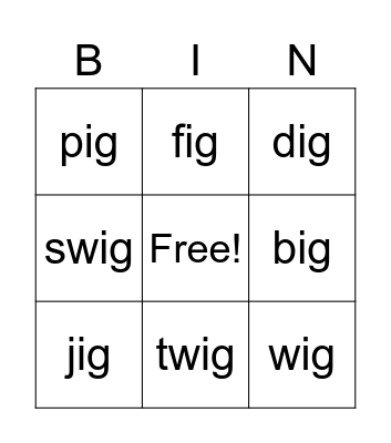 ig Word Family Bingo Card