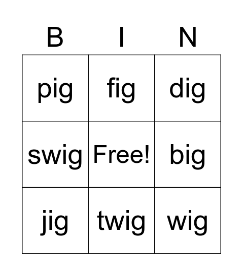 ig Word Family Bingo Card