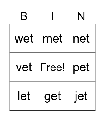 et Word Family Bingo Card