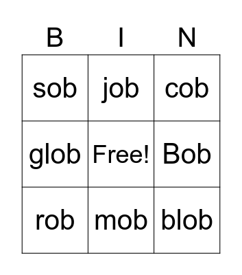 ob Word Family Bingo Card