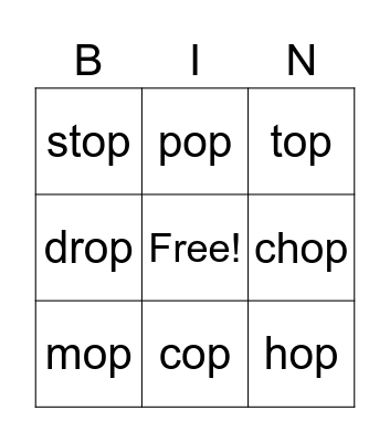 op Word Family Bingo Card