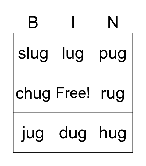 ug Word Family Bingo Card