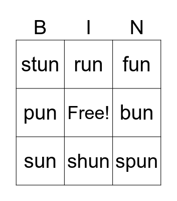 un Word Family Bingo Card
