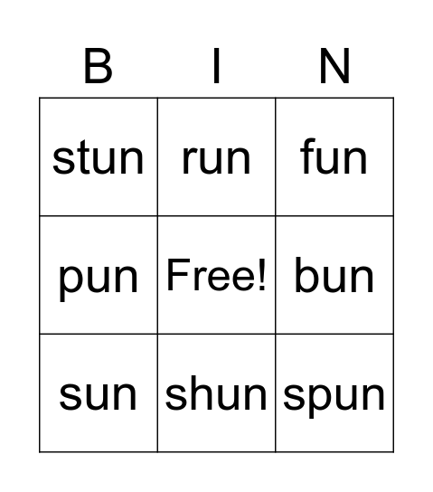 un Word Family Bingo Card