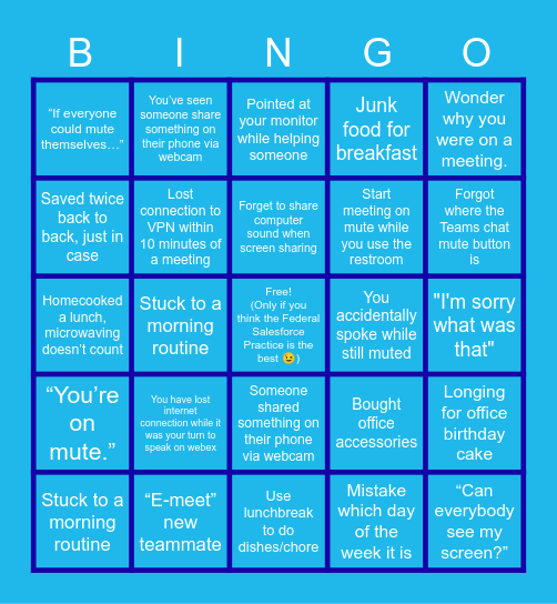 Salesforce Practice WFH Bingo Card