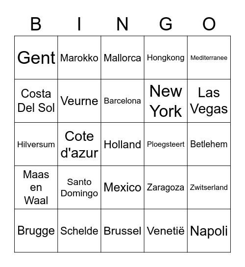 Steden in liedjes Bingo Card