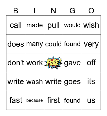 Sight Words Bingo Card