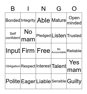 Responsible Student Bingo Card