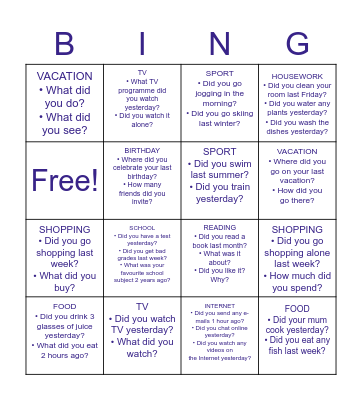 Past Simple Bingo Card