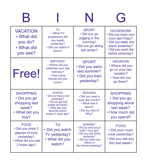 Past Simple Bingo Card