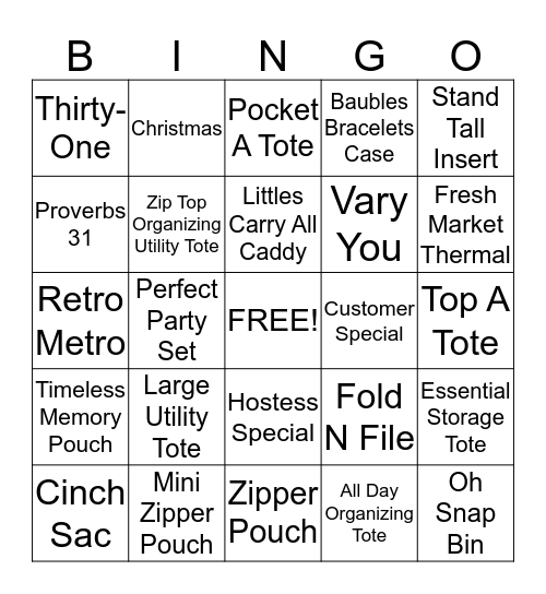 Thirty-One Bingo Card