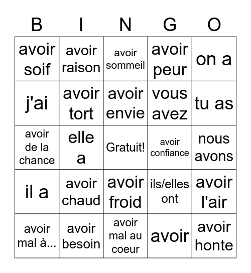 AVOIR and its expressions Bingo Card