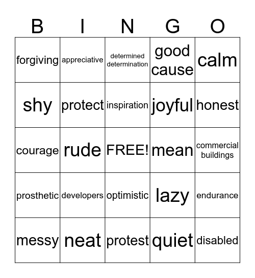 Vocabulary Bingo Card