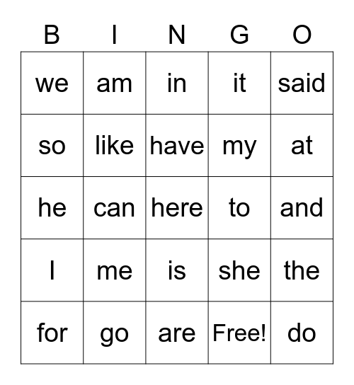 Sight Word BINGO Card