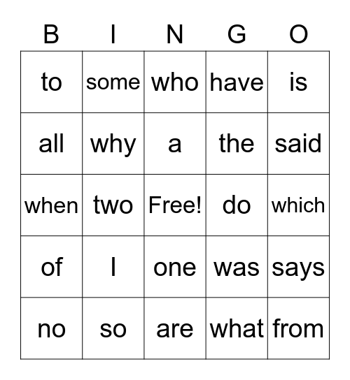 First Grade Tricky Words Bingo Card