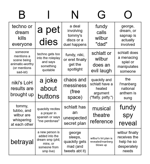 schlatt assassination arc bingo card Bingo Card