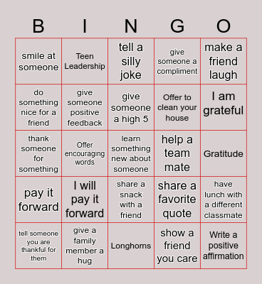 Teen Leadership Gratitude Bingo Card