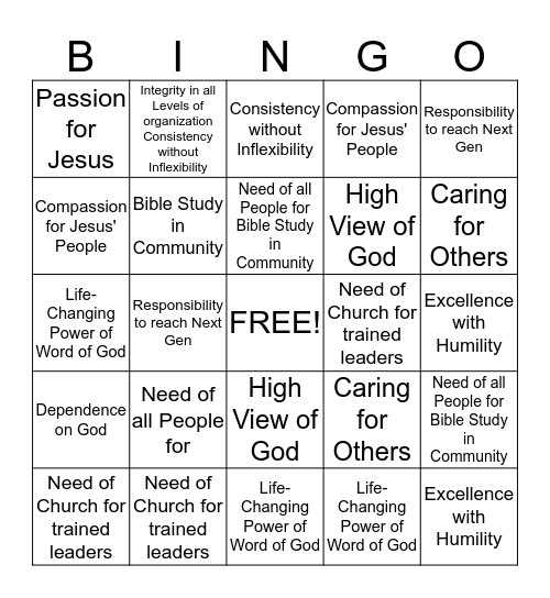 BSF Core Beliefs and Values applied to Childrens' Program Leadership Bingo Card