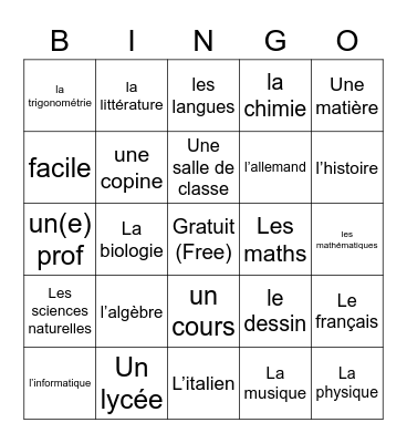 Chapitre 2 Vocabulaire Bingo Card