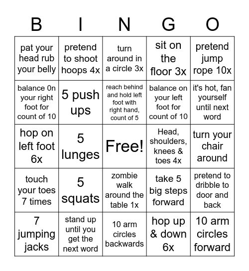 Exercise Bingo Card