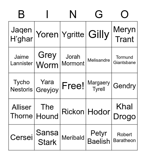 Game of Thrones Bingo Card
