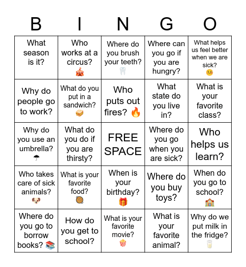 Wh- Question Bingo Card